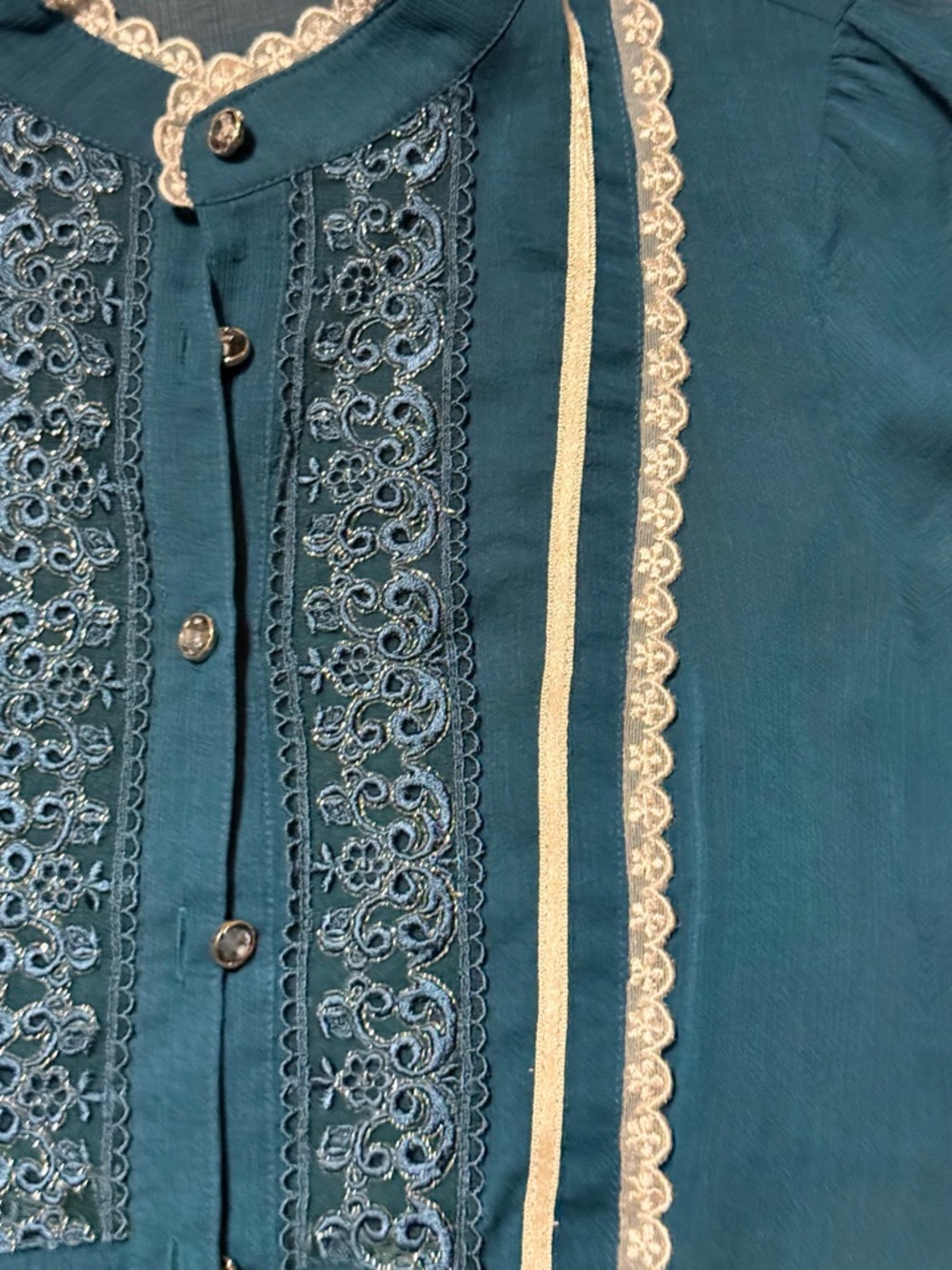 Victorian Teal Lace Bib Front Blouse •Size S• Sheer Chiffon Rhinestone Buttons - Picture 10 of 16